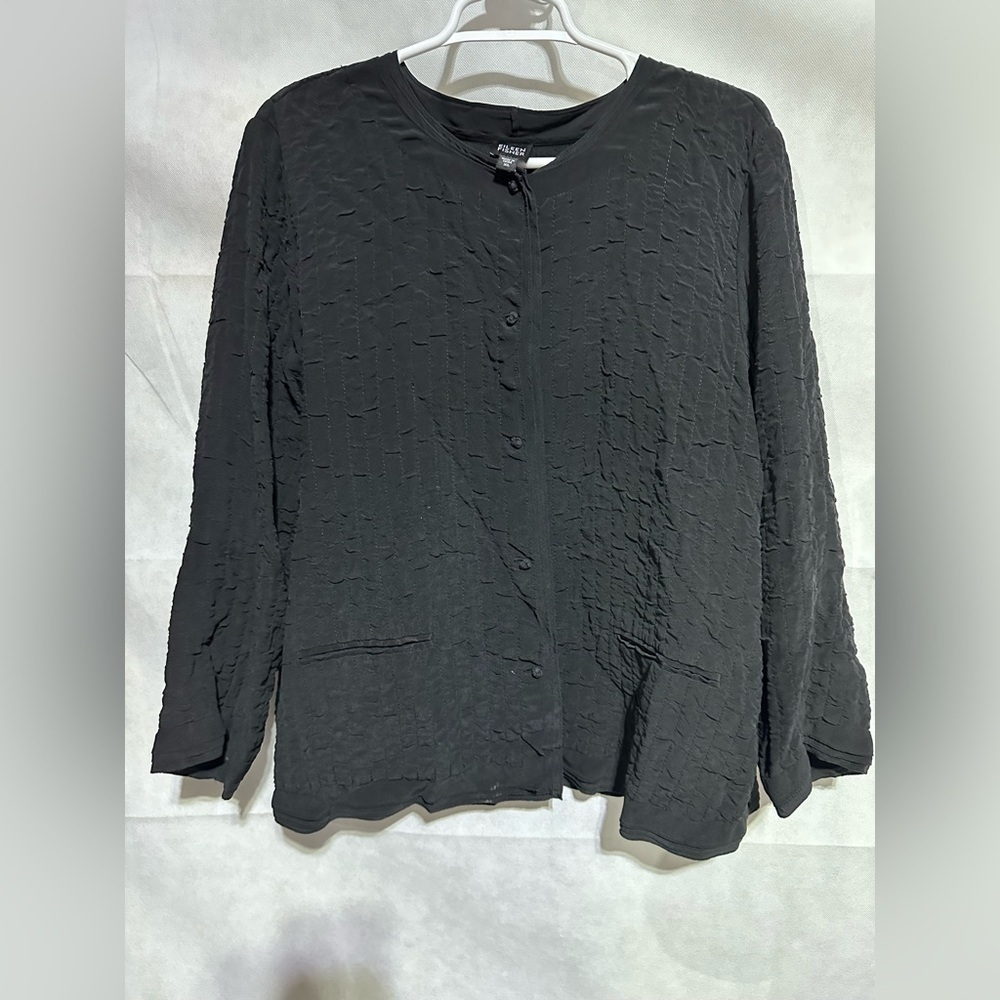 EILEEN FISHER 100% Silk Crinkle Jacket Size XL Black Knot Buttons Minimalist EUC